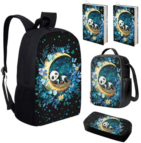 KUIFORTI Rucksack für Kinder und Mädchen, niedliches Schultaschen-Set mit Lunchbox, Federmäppchen, Buchhülle, 5-teiliges Set, Mond-Panda, Einheitsgröße, Schulrucksack