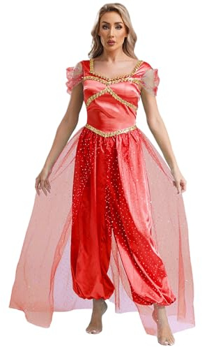 CHICTRY Arabisk prinsesskostym för kvinnor, Aladdinoutfit, paljetter, overall, guldtrimning, jumpsuit, volang, dansklänning för karneval, temafest
