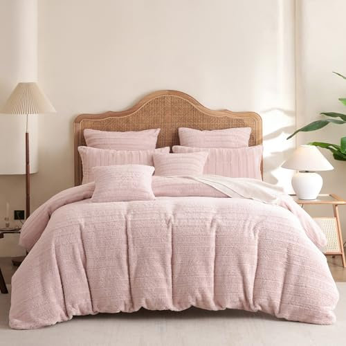 Nyescasa Plüsch Bettwäsche 135x200 Winter Warme Flauschige Kunstfell Flanell Fleece Winterbettwäsche Set Wende Rosa Gestreift Bettbezug mit Reißverschluss und 1 Kissenbezug 80x80cm