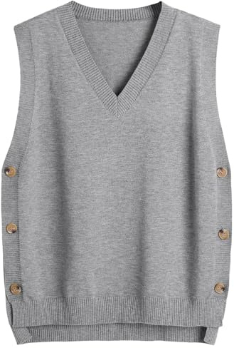 SUNSESS Women's V-Neck Knitted Vest Sleeveless Jumper Side Button Asymmetric Hem Pullover Ribbed Knit Tank Top for Layering (UK, Alpha, L, Regular, Regular, Standard, Grey)