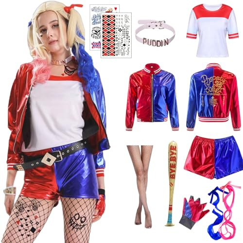 Raveparty Cosplay Kostüm, Halloween Karneval Kostüm Damen&Kinder, Mädchen Kostüm-Outfits mit Oberteile, Shorts, Kragen, Perücke, Strümpfe, Tattoo, Baseballschläger, für Cosplay (Damen, 2XL)