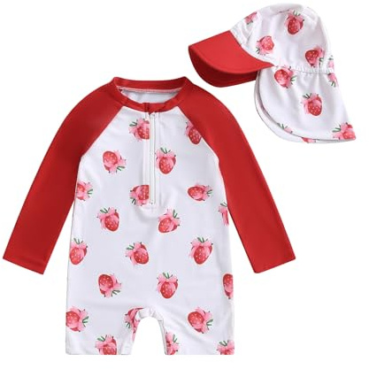 Toddler Baby Girl Swimsuit and Hat Zip Up Long Sleeve All in One Swimming Costume UV Sun Protection Swimwear One Piece Swimming Suit Rash Guard Sunsuit (Strawberry Bow Red, 12_months-24_months)