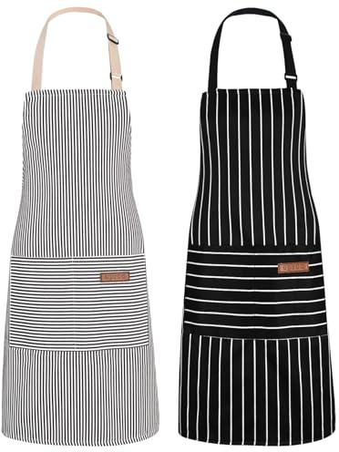 ZAIORD 2Pack Adjustable Kitchen Apron for Women Men with 2 Pockets，Cotton-Polyester Blend Bib Aprons for Cooking,Baking(Black+Grey)