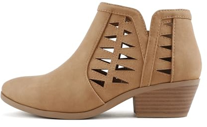 Soda CHANCE Womens Perforated Cut Out Stacked Block Heel Ankle Booties (Tan Nbpu, WIDE, numeric_7)