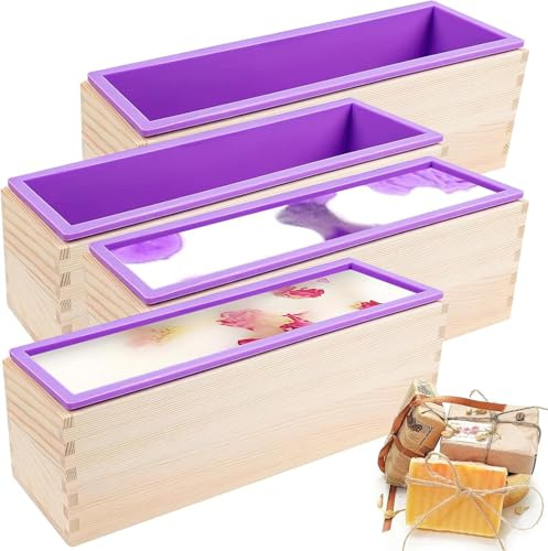 4 Moules Silicone Savon Rectangulaires Souples avec Boîte en Bois Outil DIY pour Fabriquer Savon Gâteau 1200 ml Violet