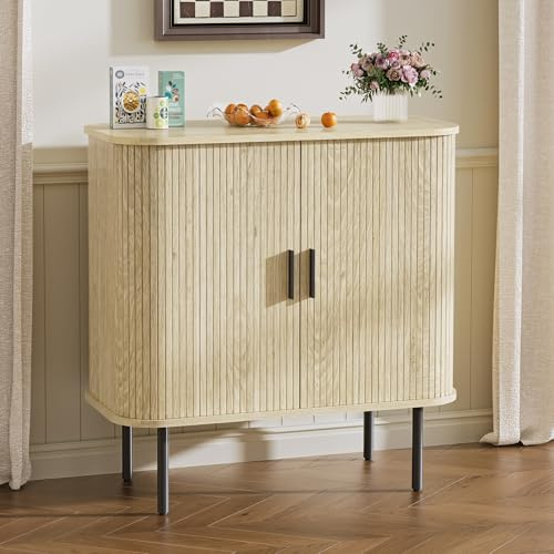 BonVache Meuble de Cuisine, Buffet à 2 Portes coulissantes, Armoire de Rangement avec étagères réglables, Buffet en Bois pour Cuisine, Salle à Manger, Salon, Couleur Bois Naturel