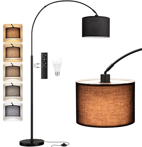 PreeOtti Lampada da Terra, LED E27 Lampada AD Arco con Telecomando e Interruttore a Pedale, 180cm Dimmerabile Piantana Lampada da Terra per Soggiorno, Camera, Hotel, Paralume Nero + Base Nero