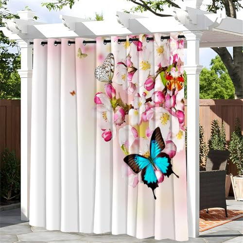 Hixingo 1 Panele Cortina Exterior Impermeable, Cortinas Opacas con Ojales, para Terraza/Patio/Jardin/Porche, Estampados de Flores Coloridos (Mariposas Azules y Rosa,150x166cm)