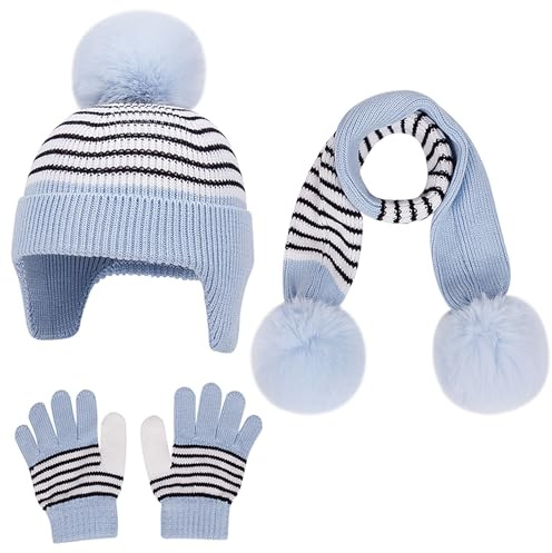 Baynetin Toddler Winter Hat Scarf Gloves Set 1-6 Years - Knit Earflap Hat with Pompom, Fleece Lined Scarf & Mittens, Warm 3-in-1 Accessories (Sky Blue)