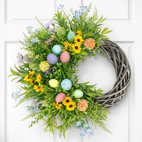 Easter Spring Wreath for Front Door, 24 Inch Handmade Floral with Pastel Eggs, Greenery and Sunflowers, Farmhouse Wall Decoration