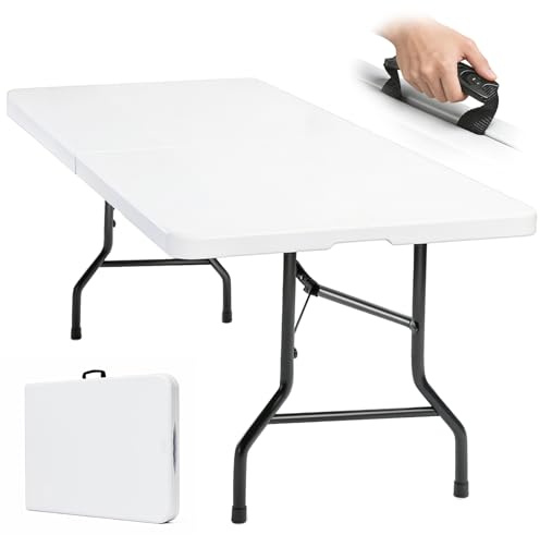 Eiryss Tavolo Pieghevole 180x74cm, Tavolo Pieghevole da Esterno per 8 Persone, Bianco con Piano in Plastica e Struttura in Ferro, 150 kg, 3 Blocchi Sicurezza, Tavolo da Buffet per Giardino Balcone