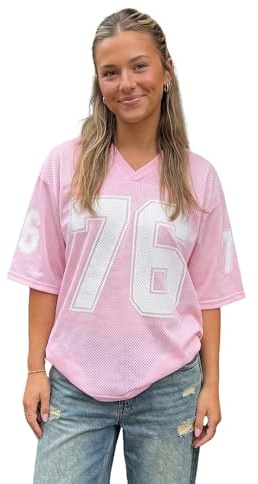 LYSINK Women Oversized Jersey Shirts Y2k Number Graphic T-Shirt Summer Short Sleeve V Neck Loose Streetwear Top (A1-a-Pink, S)