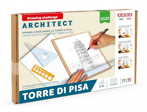 ARDA Architect Tour de Pise ED01B – Kit de Dessin Technique Tour de Pise dès 8 Ans - Géométrie et Architecture – Règle, Équerre, Gabarit Cercles, Portemine, Papier A4 et Livret Tutoriel | Dessin architectural pas à pas, outils inclus, livret tutoriel, exercices QR code, précision et concentration