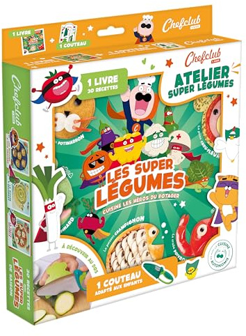 Chefclub Kids - Coffret Super légumes et le couteau enfant - Livre de recette enfant - Protège-Doigts et Protège-Lame - Cadeau fille 7 ans - Ustensile cuisine enfant - à partir de 7 ans