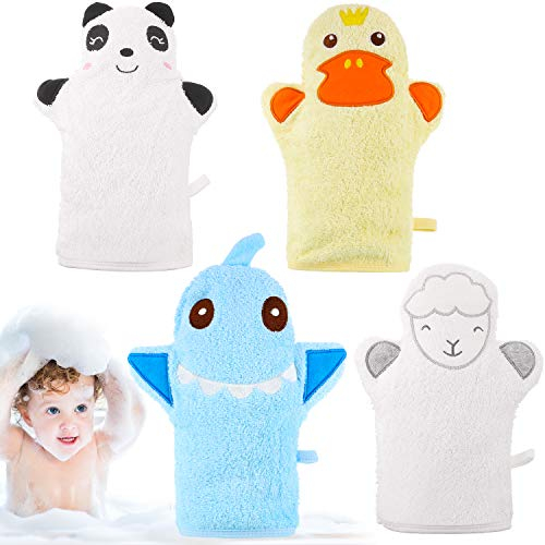 Shappy 4 Stücke Baby Bade Handschuhe im Schönen Tierstil Gelber Enten Hai Panda Schaf Baumwolle Handtuch Sanftes Peeling für Baby Bade und Dusche
