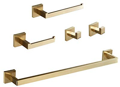 Beelee Conjunto de hardware de baño 5 piezas Dorado cepillado, montado en la pared Accesorio de baño moderno 304 acero inoxidable Barra de toalla Porta papel higiénico Ganchos para batas