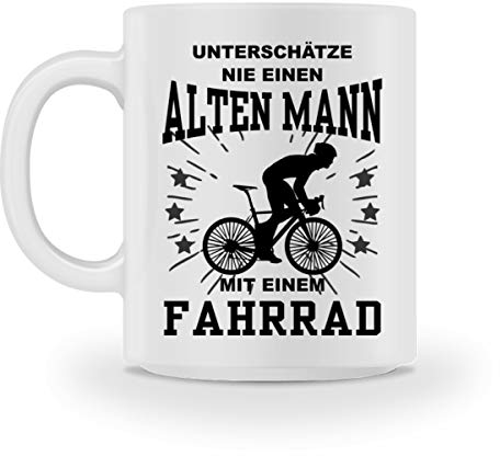 Galeriemode Unterschätze nie einen alten Mann mit einem Fahrrad Tasse Weiß Kaffeebecher Geschenk zum Geburtstag