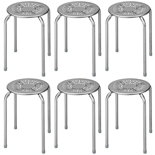 COSTWAY 6-Pack Steel Stack Stools, 17.5-Inch Height Portable Stackable Backless School Stools with Daisy Design, Round Classroom Decoration Stools Set of 6 for Kids Children Students, Grey