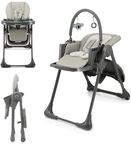 Kinderkraft TUMMIE Hochstuhl 2 in 1, Kinderhochstuhl, Babystuhl, Kombihochstuhl, ab den Ersten Lebensmonaten, Fußstütze, Halbliegende Position, Bezug aus PU, mit Spielzeugen, Grau