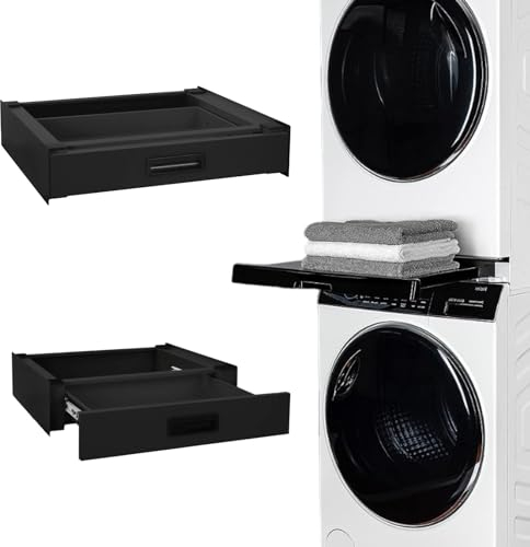 STADO® | Verbindungsrahmen mit ausziehbarer Schublade für Waschmaschine und Trockner | Rutschfester Zwischenbausatz Universal Zwischenbaurahmen 60x55cm (Schwarz, Zwischenbaurahmen mit Schublade)