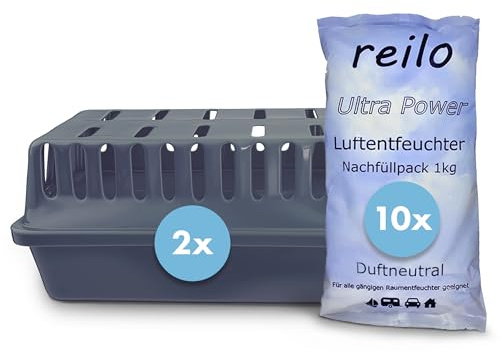reilo 2x XXL Raumentfeuchterbox und 10x 1kg Ultrapower Luftentfeuchtergranulat, Luftentfeuchter-Komplettset, Raumentfeuchter im Vliesbeutel, Staffelpreis, für Auto, Schlafzimmer, Keller
