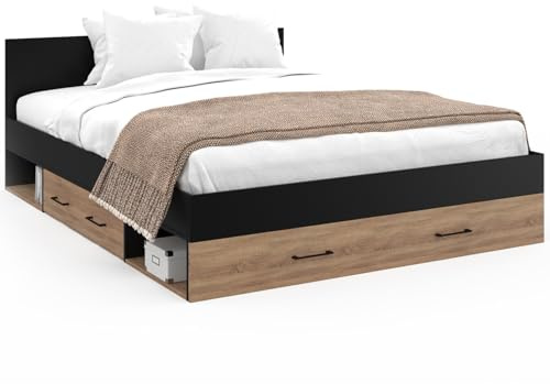 IDMarket - Lit Double MINEA avec tiroirs + niches de Rangement + tête de lit et sommier 140 x 190 cm façon hêtre et Noir