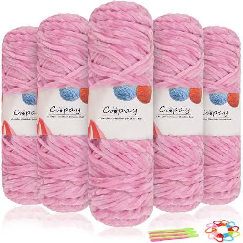 Coopay Lana Chenille Vellutata, 500g (5 x 100g), Gomitolo di Lana Morbida per Trico, Spessore di 3mm, Filato Chenille Super Morbido per Uncinetto, Maglia, Sciarpa, Coperta, Calze - Rosa Chiaro