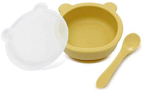 Miracle Baby Ciotola in Silicone senza BPA con Ventosa per Bambini Piatto Svezzamento per Bebè con Cucchiaio e Coperchio, Adatto per il Microonde, Lavabile in Lavastoviglie (Giallo)