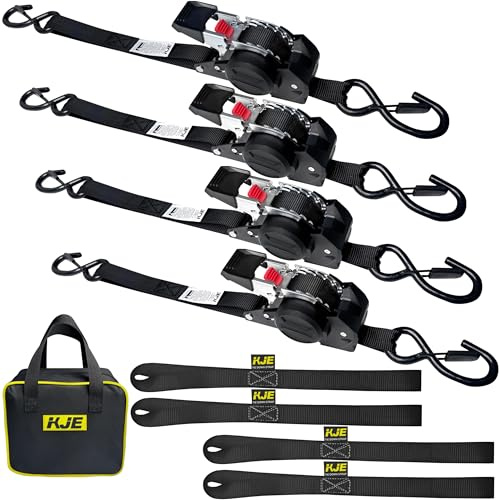 KJE Retractable Ratchet Straps, (4) 1 x 10' Tie Down Strap + (4) Soft Loop - Heavy Duty 1,650lb Max Break Strength, S-Hook with Clip, Self Retracting Ratchet Strap for Motorcycle, Kayak, ATVs, Boats