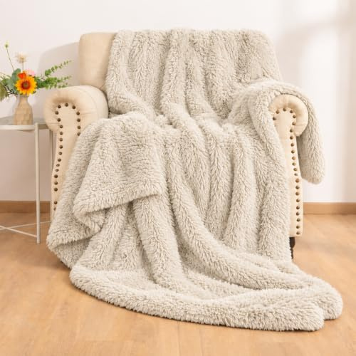 PARADISE STAR Cuddles Alaska Teddy Fleece Throw Blanket – Luxury Faux Fur Reversible Sherpa Soft Warm Plush Sofa Bed Throw, Cosy Winter Blanket for Sofa Couch Bed (150 x 200 cm, Cream)