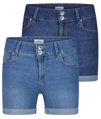 ONLY ONLCARMEN Lot de 2 shorts en jean stretch pour femme - Coupe skinny - Taille moyenne - Basique - Bleu - Noir - Tailles S, M, L, XL, XXL