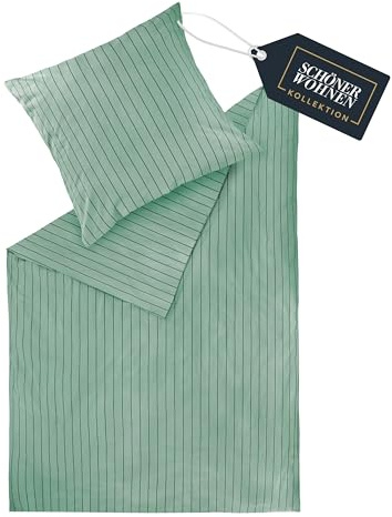 Schöner Wohnen, biancheria da letto in flanella, 155 x 220 cm, in cotone verde, set di biancheria da letto di lusso, 2 pezzi, ecologico, morbido e caldo, soffice, 1 copripiumino e 1 federa 80 x 80 cm
