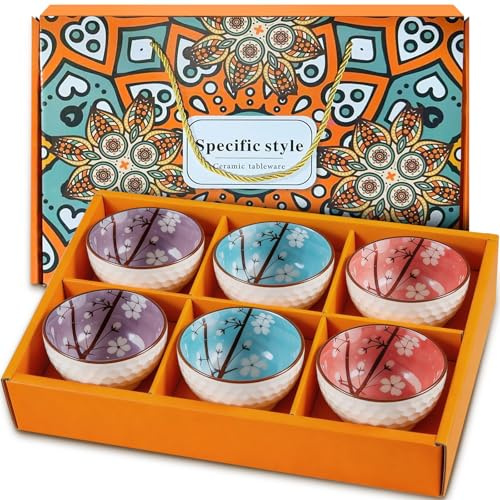 CHUNGG Japanese Cherry Blossom Ceramic Dessert Small Bowls, Suitable for Rice, Soup, Snacks, and Ice Cream, Bring Gift Box Set of 6