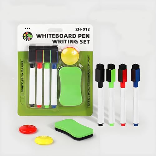 Kisstta Whiteboard markeringsset, 4 stycken foliepennor avtorkningsbara, magnetiska whiteboard suddgummi och 2 stycken magneter, foliepenna med suddgummi, för studenter, klassrum, hem och kontor