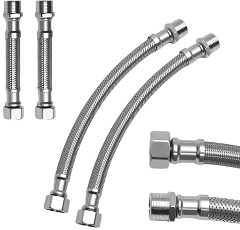 XRVRILE 4 Tuyaux Flexibles WC 3/8 Pouce en Acier Inoxydable (10 cm + 20 cm), Rallonge Flexible Eau pour Robinet et Lavabo, Raccord Universel avec Joints Étanches pour Salle de Bain et Cuisine