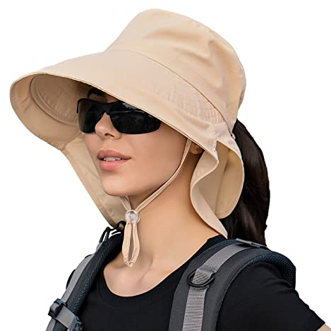 INSISMY Chapeau Soleil Femme Anti UV UPF 50+ pour Randonnée et Pêche | Chapeau à Large Bord avec Cordon, Chapeaux Femme Pliable et Imperméable, Séchage Rapide, Trou Queue de Cheval et Rabat de Cou