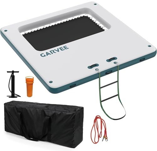 Garvee Inflatable Floating Dock, 2.6 x 2.6 m Floating Island with Portable Carrying Bag, Rope Ladder & Pump, Multi-Person Swim Water Mat for Adult, Non-Slip Air Raft Platform for Lake Pool Beach