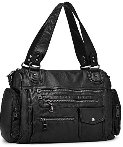 VINBAGGE Damen Handtasche Große Schultertasche PU Leder Henkeltasche Frauen Weiches Hobo Tasche Umhängetasche für Reisen Schule Shopping Mädchen - Schwarz
