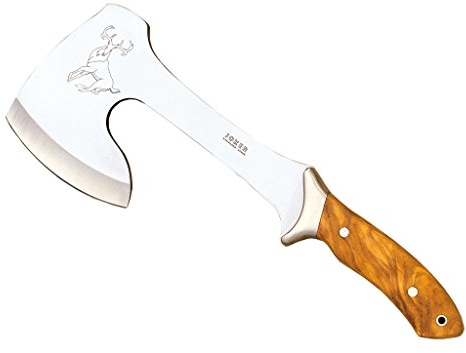 Joker Hacha de Caza Cazador HO00, Mango de Madera de Olivo, Hoja de 21 cm de Largo, con Funda de Cuero, virola INOX, Herramienta de Pesca, Caza, Camping y Senderismo