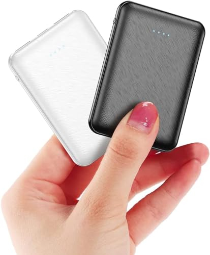 2 Paquetes de Mini Power Bank pequeño Pero Fuerte, 5000 mAh, batería Externa portátil, batería Externa con Cable, batería Externa Ligera (Blanco y Negro)