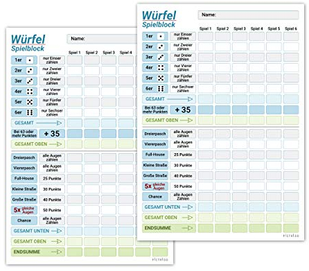 PICTALOO Würfelspiel Block DIN A5, gut lesbar und übersichtlich gestaltet, moderner Ersatzblock, Spielblock groß, auch für Senioren und Kinder geeignet, Würfel Spiel Set, Familienspiel (2X blau)