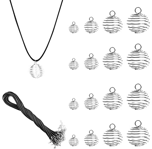 SAVITA 40 Colgantes Jaula Cuentas Espiral 4 Tamaños 20 Cadenas Cuerda Cuero Cuentas Alambre Plata Colgantes Bolas Jaula para Collar Pulsera Pendientes Fabricación de Joyas Manualidades Regalos