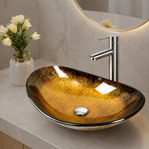 BELOFAY Oval Gold Modern Design Bathroom Counter Top Wash Basin Sink, Glass Bowl Cloakroom Basin for Vanity Cabinet, Toilets and Bathrooms (54x13x36cm) (WxHxL)