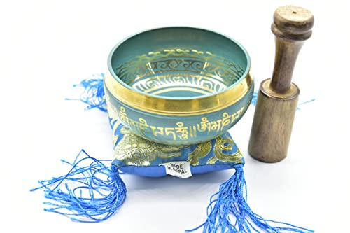 3.75 Tibetan Meditation Yoga Singing Bowl Yellow Set with free Wooden Mallet and Silk Cushion from Nepal, Singing bowls. (Turquoise)