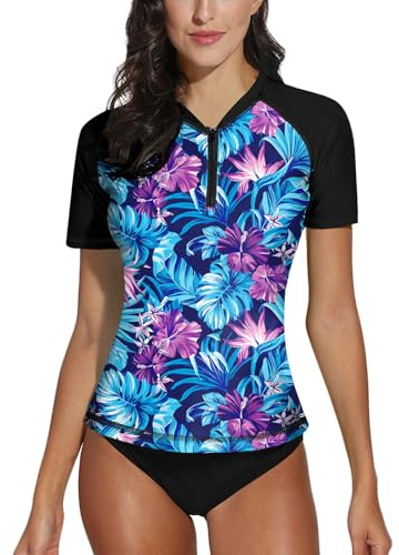 BesserBay Women Summer Crew Neck Zip Up Uv Sun Protection Rash Guard Swim Shirts Floral Swim Top Swimming Costume Purple & Blue XL
