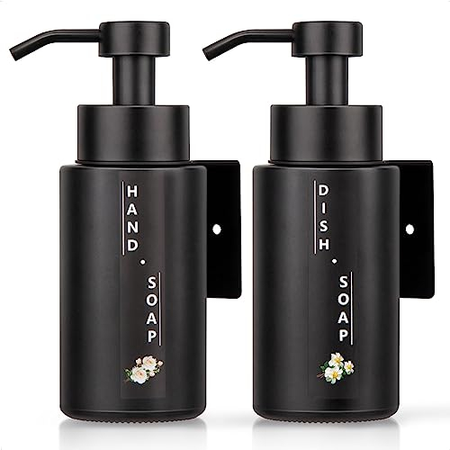 HONZUEN 2er Glas Seifenspender Set 300ml, Spülmittelspender Handseifenspender Wandbefestigung mit Edelstahlpumpe, Pumpspender Pumpflasche Wandmontage Küche für Handseife Spülmittel (Schwarz Matt)