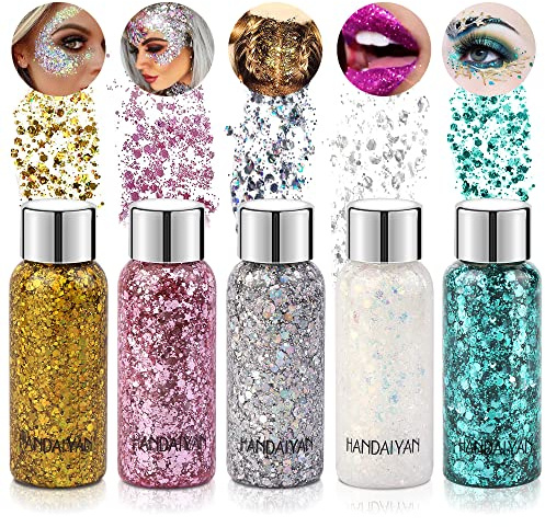 Gel Paillettes Visage et Cheveux: 5 Couleurs Maquillage, Corps, Festival, Glitter Body Gel Makeup pour Lèvres Noël Fête Pâques Cosmétique Décoration