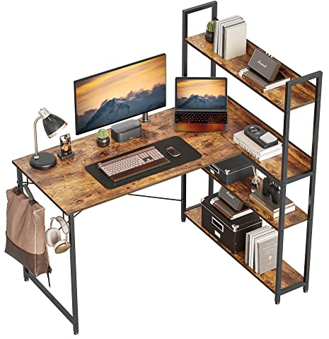 CubiCubi Schreibtisch mit Regal,Eckschreibtisch für Heimbüro,Kleiner L-förmiger Computertisch mit Ablagefächern,Bürotisch mit Bücherregal ，120cm Braun