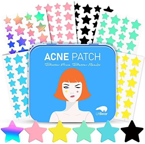 LitBear Acne Pimple Patch, 6 Colors 168 Dots Star Pimple Patches with Case, Tea Tree Oil & Centella Oil, Hydrocolloid Acne Pimple Patches for Face Cute Zit Patches Pimple Stickers Acne Dots