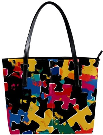 FNETJXF Tote Bag, Vegan Leather Large Tote Bag, Women's Tote Handbags, Modern Cartoon Pattern Colored Jigsaw Puzzle, Tote Bags for Women